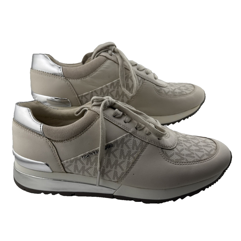 Michael Kors Women’s Allie‎ Trainer Leather Vanilla & Silver MK Logo 10M NIB